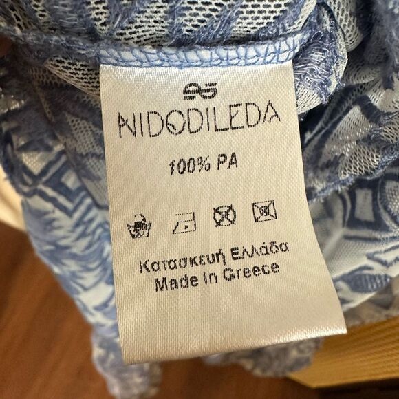 Nidodileda Sheer Jacquard Geometric Print Blue Maxi Dress Sz L Greece Made - Picture 11 of 12